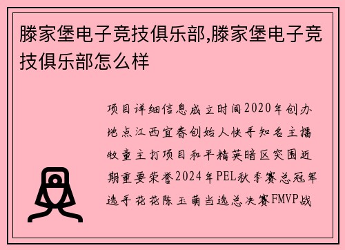 滕家堡电子竞技俱乐部,滕家堡电子竞技俱乐部怎么样